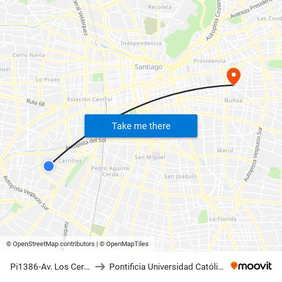 Pi1386-Av. Los Cerrillos / Esq. Rapa Nui to Pontificia Universidad Católica De Chile (Campus Oriente) map