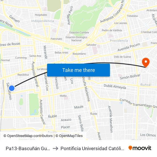 Pa13-Bascuñán Guerrero / Esq. Toesca to Pontificia Universidad Católica De Chile (Campus Oriente) map