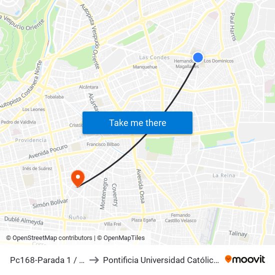 Pc168-Parada 1 / Inacap Apoquindo to Pontificia Universidad Católica De Chile (Campus Oriente) map
