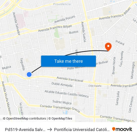 Pd519-Avenida Salvador / Esq. Colo Colo to Pontificia Universidad Católica De Chile (Campus Oriente) map