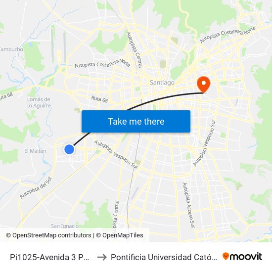 Pi1025-Avenida 3 Poniente / Esq. Las Basas to Pontificia Universidad Católica De Chile (Campus Oriente) map