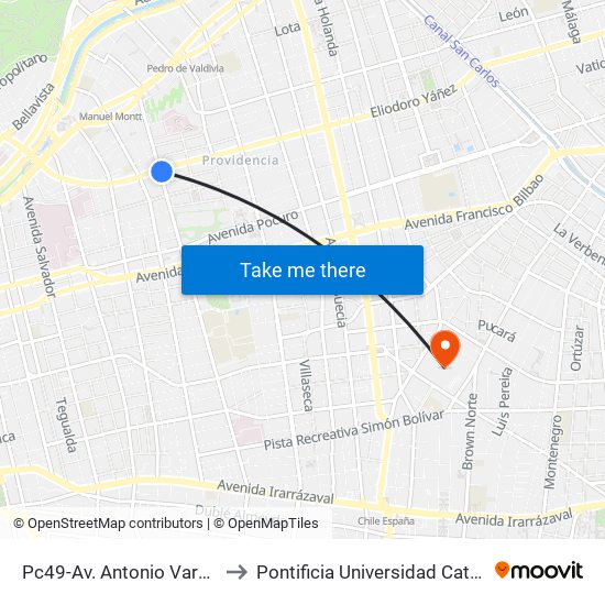 Pc49-Av. Antonio Varas / Esq. Av. Eliodoro Yáñez to Pontificia Universidad Católica De Chile (Campus Oriente) map