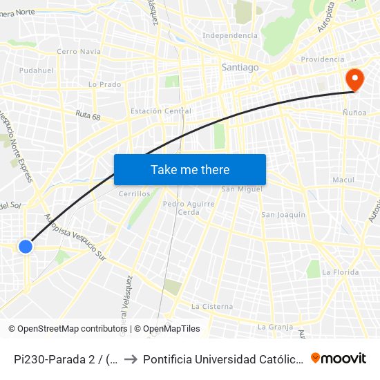 Pi230-Parada 2 / (M) Plaza De Maipú to Pontificia Universidad Católica De Chile (Campus Oriente) map