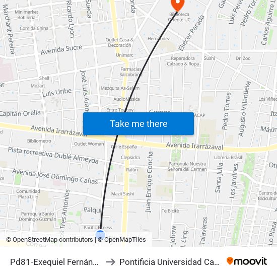 Pd81-Exequiel Fernández / Esq. Juan Gomez Millas to Pontificia Universidad Católica De Chile (Campus Oriente) map