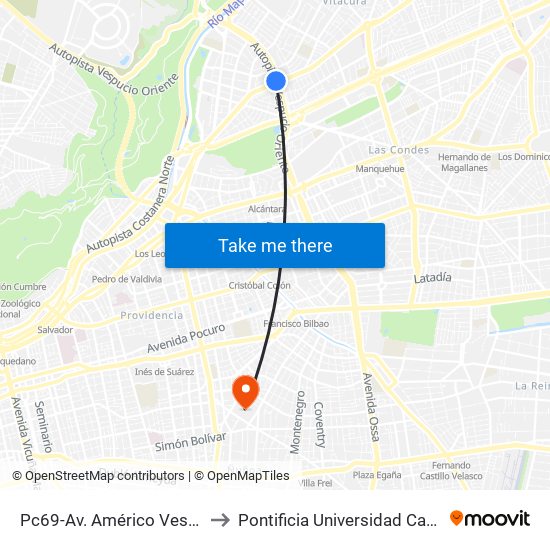 Pc69-Av. Américo Vespucio / Esq. Avenida Vitacura to Pontificia Universidad Católica De Chile (Campus Oriente) map