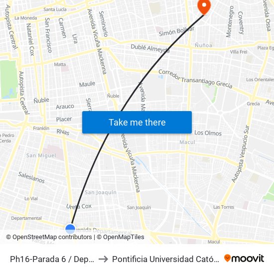 Ph16-Parada 6 / Departamental - Santa Rosa to Pontificia Universidad Católica De Chile (Campus Oriente) map