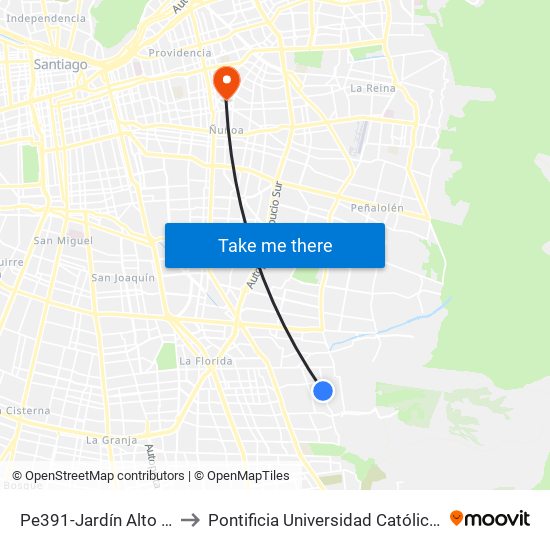 Pe391-Jardín Alto / Esq. Antofagasta to Pontificia Universidad Católica De Chile (Campus Oriente) map