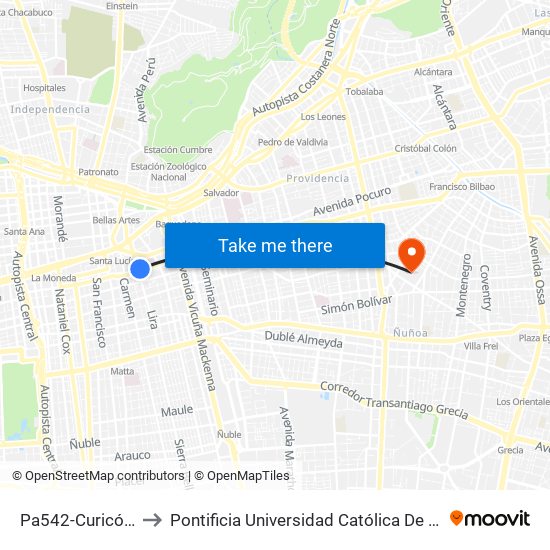 Pa542-Curicó / Esq. Lira to Pontificia Universidad Católica De Chile (Campus Oriente) map