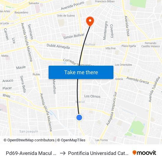 Pd69-Avenida Macul / Esq. Av. Escuela Agrícola to Pontificia Universidad Católica De Chile (Campus Oriente) map