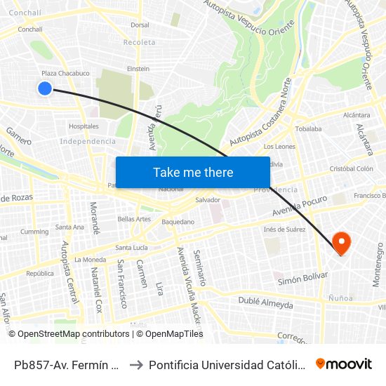 Pb857-Av. Fermín Vivaceta / Esq. Juliet to Pontificia Universidad Católica De Chile (Campus Oriente) map