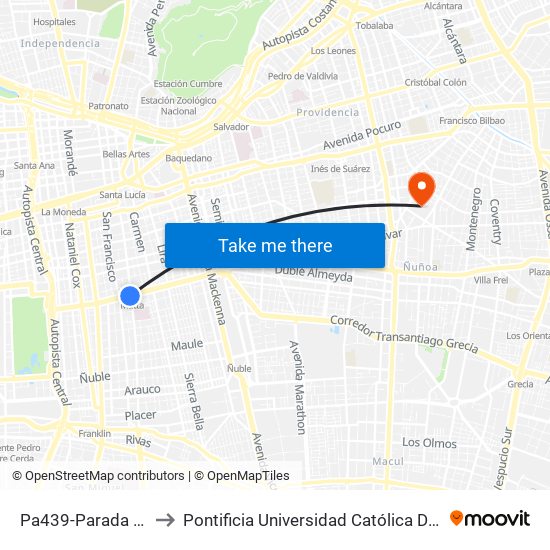Pa439-Parada 5 / (M) Matta to Pontificia Universidad Católica De Chile (Campus Oriente) map