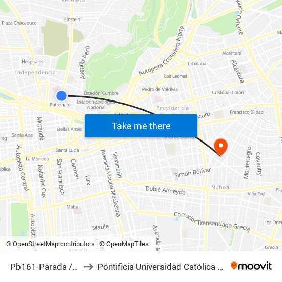 Pb161-Parada / (M) Patronato to Pontificia Universidad Católica De Chile (Campus Oriente) map