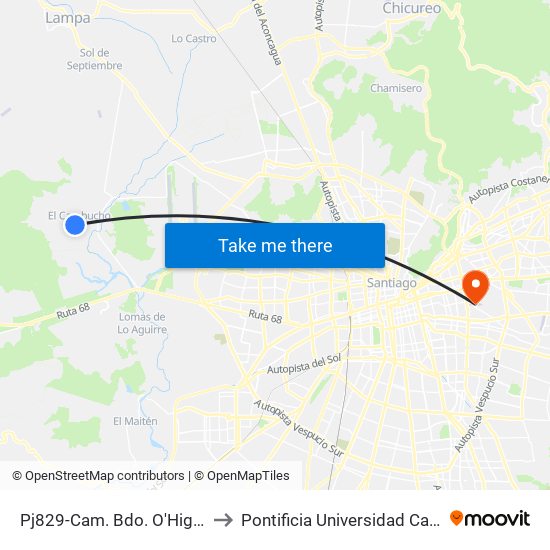 Pj829-Cam. Bdo. O'Higgins / Esq. Cam. El Cambucho to Pontificia Universidad Católica De Chile (Campus Oriente) map