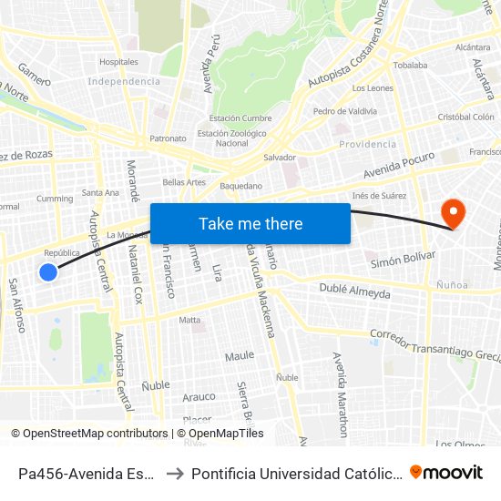 Pa456-Avenida España / Esq. Grajales to Pontificia Universidad Católica De Chile (Campus Oriente) map