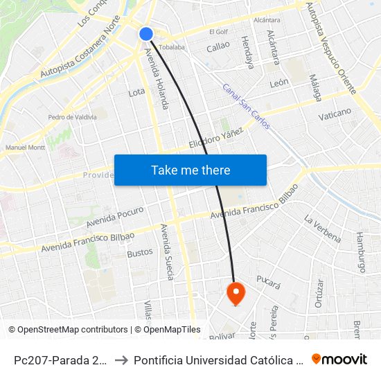 Pc207-Parada 2 / (M) Tobalaba to Pontificia Universidad Católica De Chile (Campus Oriente) map