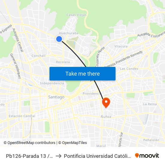 Pb126-Parada 13 / (M) Vespucio Norte to Pontificia Universidad Católica De Chile (Campus Oriente) map