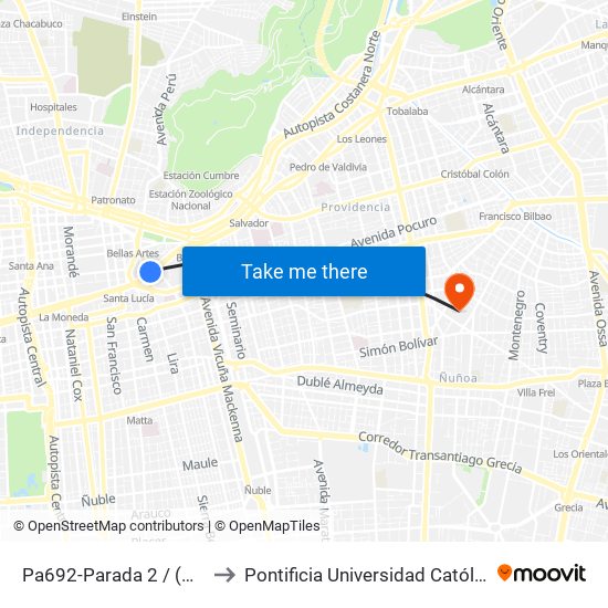 Pa692-Parada 2 / (M) Universidad Católica to Pontificia Universidad Católica De Chile (Campus Oriente) map