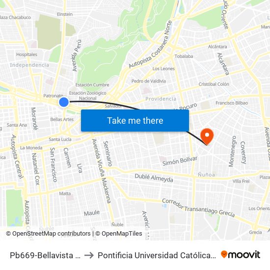 Pb669-Bellavista / Esq. Patronato to Pontificia Universidad Católica De Chile (Campus Oriente) map
