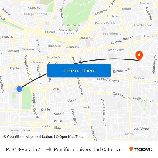 Pa313-Parada / Fantasilandia to Pontificia Universidad Católica De Chile (Campus Oriente) map