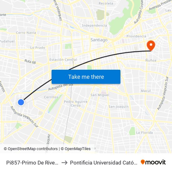Pi857-Primo De Rivera / Esq. Avenida Lumen to Pontificia Universidad Católica De Chile (Campus Oriente) map