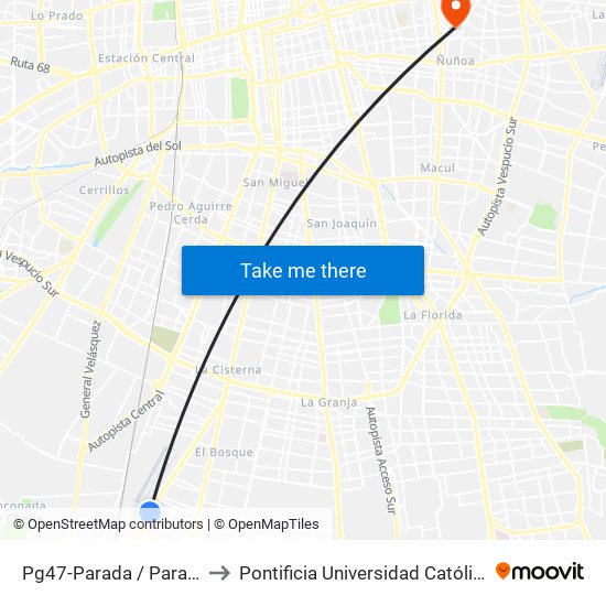 Pg47-Parada / Paradero 37 Gran Avenida to Pontificia Universidad Católica De Chile (Campus Oriente) map