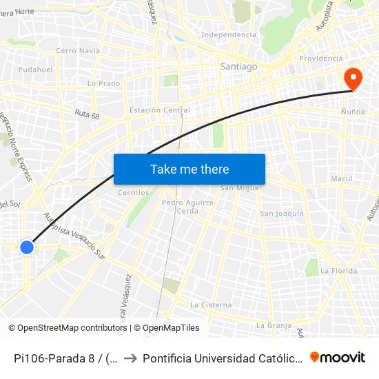 Pi106-Parada 8 / (M) Plaza De Maipú to Pontificia Universidad Católica De Chile (Campus Oriente) map