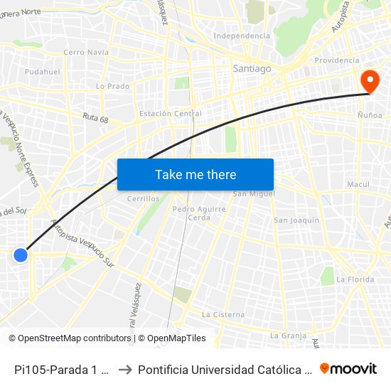Pi105-Parada 1 / Templo Votivo to Pontificia Universidad Católica De Chile (Campus Oriente) map
