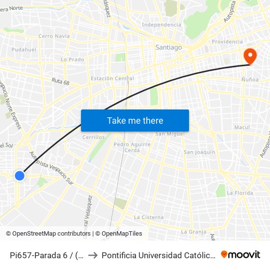 Pi657-Parada 6 / (M) Plaza De Maipú to Pontificia Universidad Católica De Chile (Campus Oriente) map