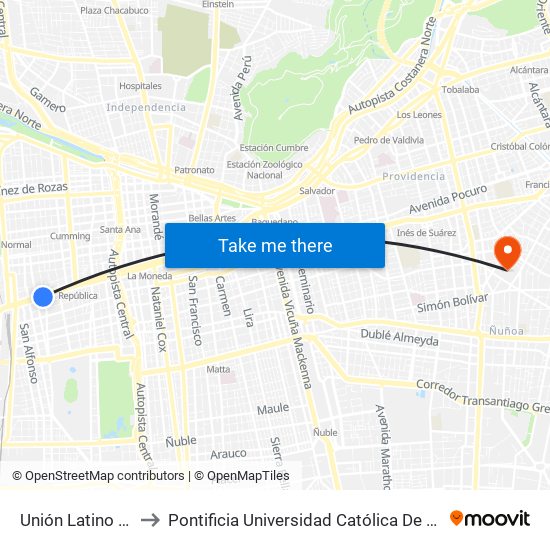 Unión Latino Americana to Pontificia Universidad Católica De Chile (Campus Oriente) map