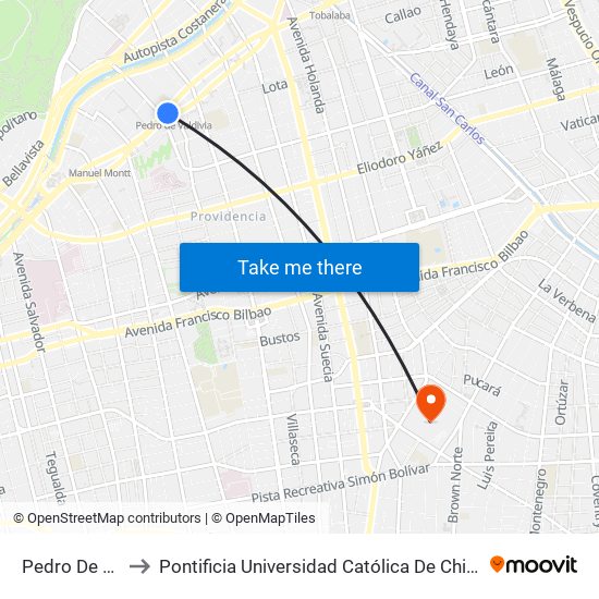 Pedro De Valdivia to Pontificia Universidad Católica De Chile (Campus Oriente) map