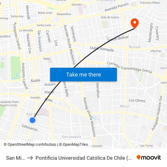 San Miguel to Pontificia Universidad Católica De Chile (Campus Oriente) map