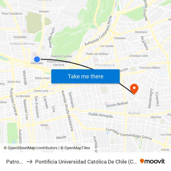 Patronato to Pontificia Universidad Católica De Chile (Campus Oriente) map