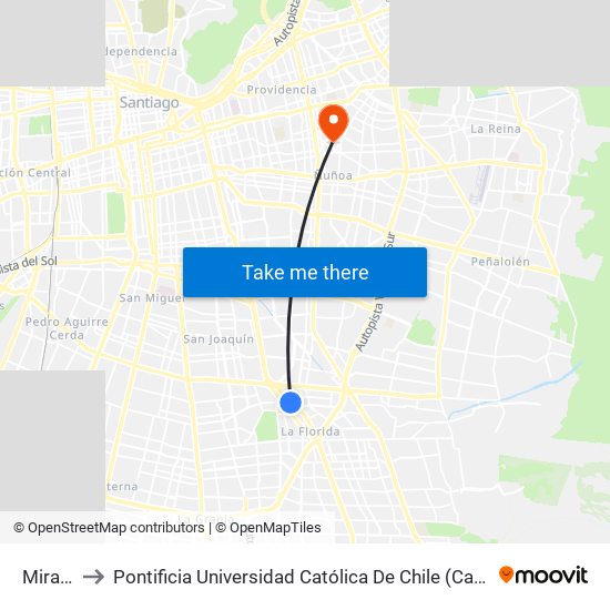 Mirador to Pontificia Universidad Católica De Chile (Campus Oriente) map