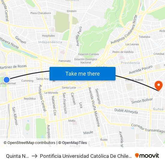 Quinta Normal to Pontificia Universidad Católica De Chile (Campus Oriente) map