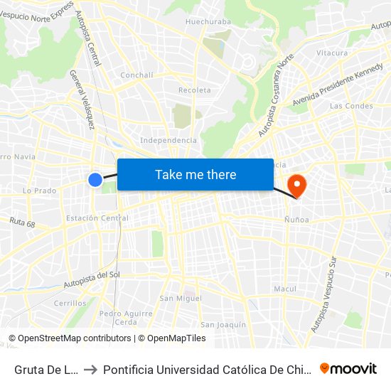 Gruta De Lourdes to Pontificia Universidad Católica De Chile (Campus Oriente) map