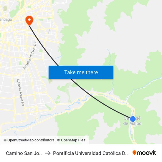 Camino San José De Maipo to Pontificia Universidad Católica De Chile (Campus Oriente) map