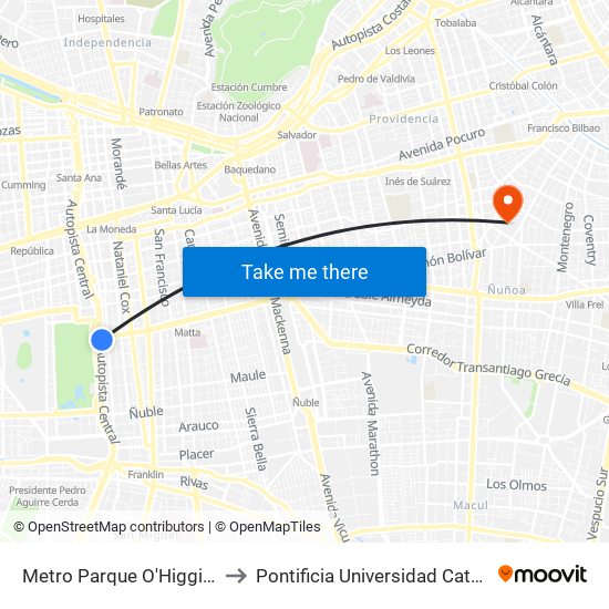 Metro Parque O'Higgins (Av. Viel Esq. Av. Matta) to Pontificia Universidad Católica De Chile (Campus Oriente) map