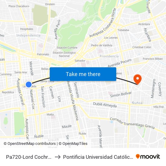 Pa720-Lord Cochrane / Esq. Alameda to Pontificia Universidad Católica De Chile (Campus Oriente) map