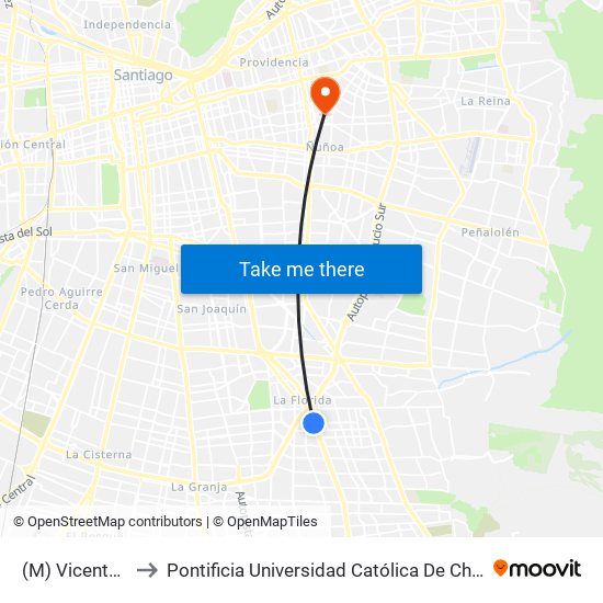(M) Vicente Valdés to Pontificia Universidad Católica De Chile (Campus Oriente) map