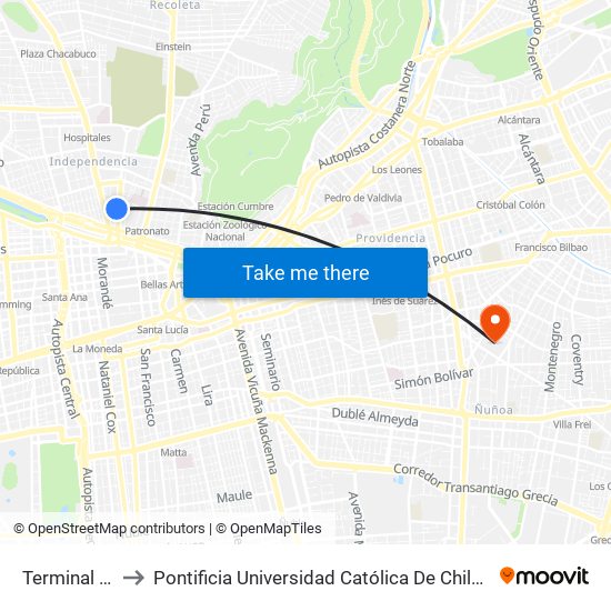 Terminal La Paz to Pontificia Universidad Católica De Chile (Campus Oriente) map