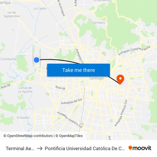 Terminal Aeropuerto to Pontificia Universidad Católica De Chile (Campus Oriente) map