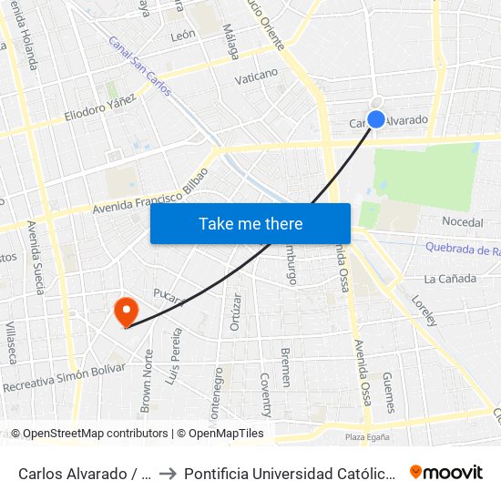 Carlos Alvarado / Sebastián Elcano to Pontificia Universidad Católica De Chile (Campus Oriente) map