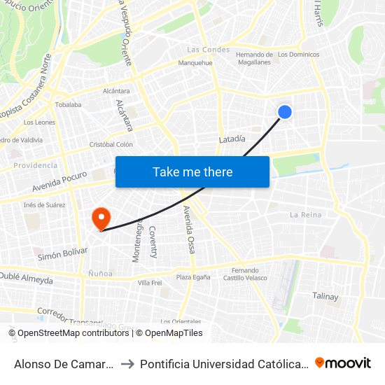 Alonso De Camargo / Guadarrama to Pontificia Universidad Católica De Chile (Campus Oriente) map