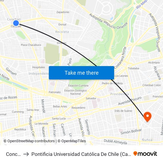 Conchalí to Pontificia Universidad Católica De Chile (Campus Oriente) map