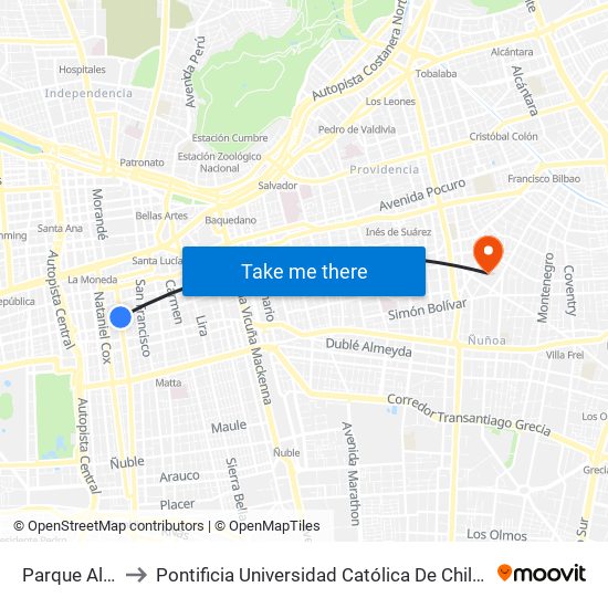 Parque Almagro to Pontificia Universidad Católica De Chile (Campus Oriente) map