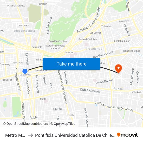 Metro Moneda to Pontificia Universidad Católica De Chile (Campus Oriente) map