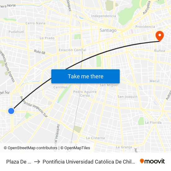 Plaza De Maipú to Pontificia Universidad Católica De Chile (Campus Oriente) map