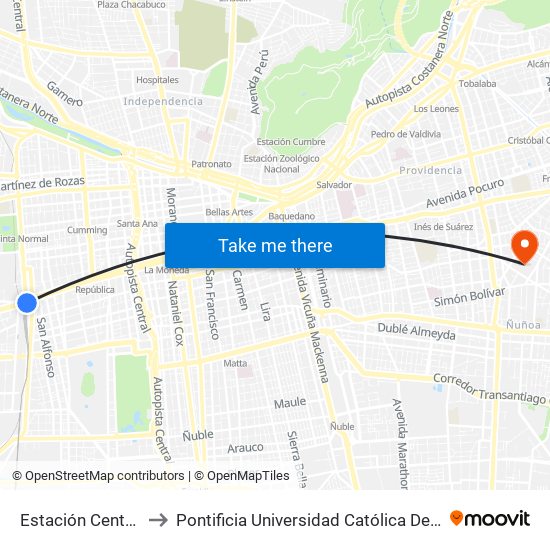 Estación Central (Anden1) to Pontificia Universidad Católica De Chile (Campus Oriente) map