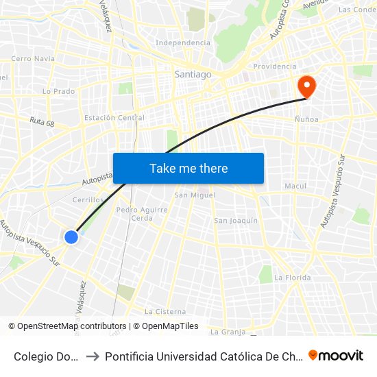 Colegio Don Orione to Pontificia Universidad Católica De Chile (Campus Oriente) map