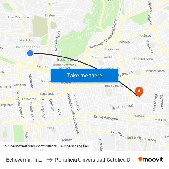 Echeverría - Independencia to Pontificia Universidad Católica De Chile (Campus Oriente) map